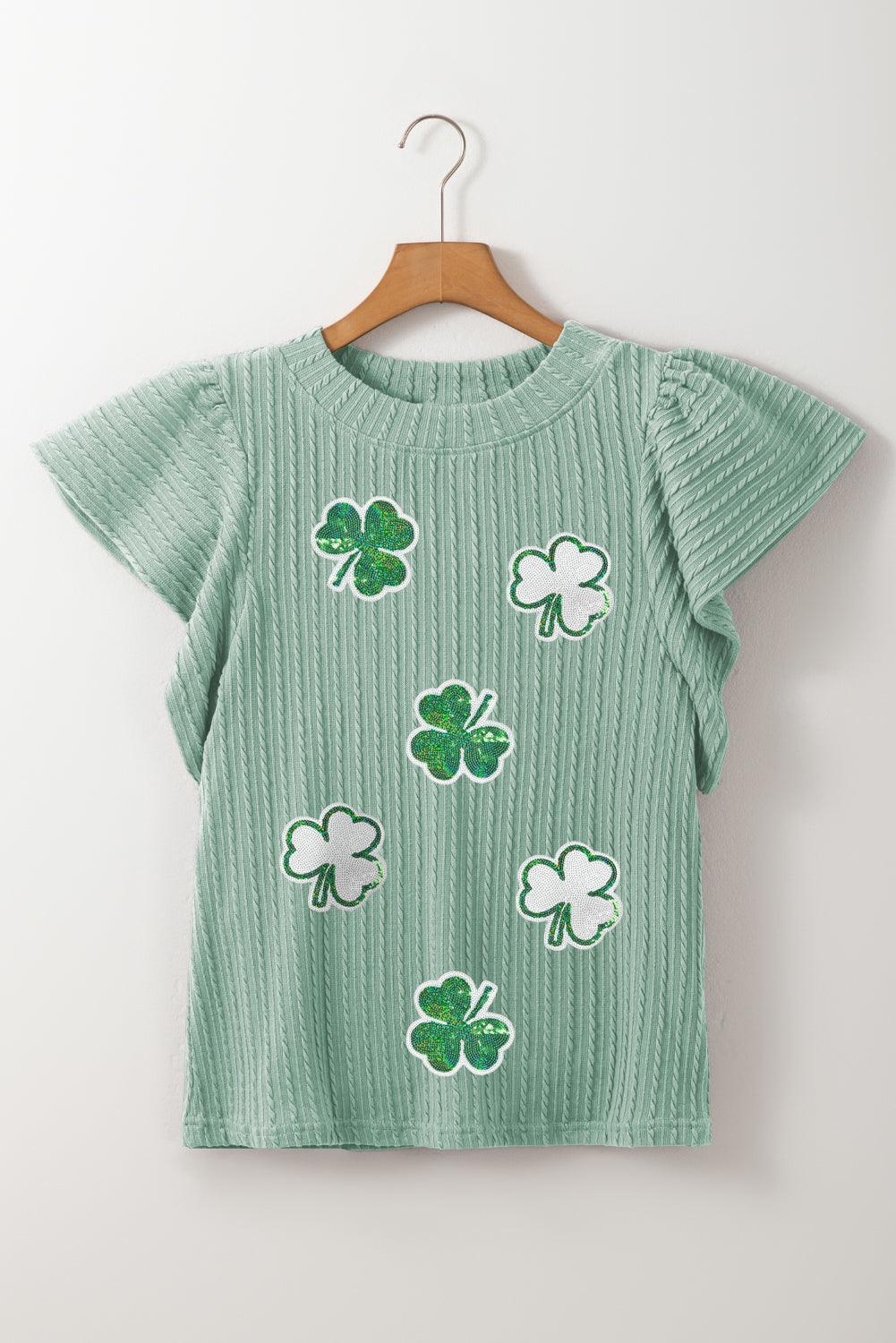 Sequin Lucky Clover Round Neck Cap Sleeve Blouse - Clothes For Her Online Store