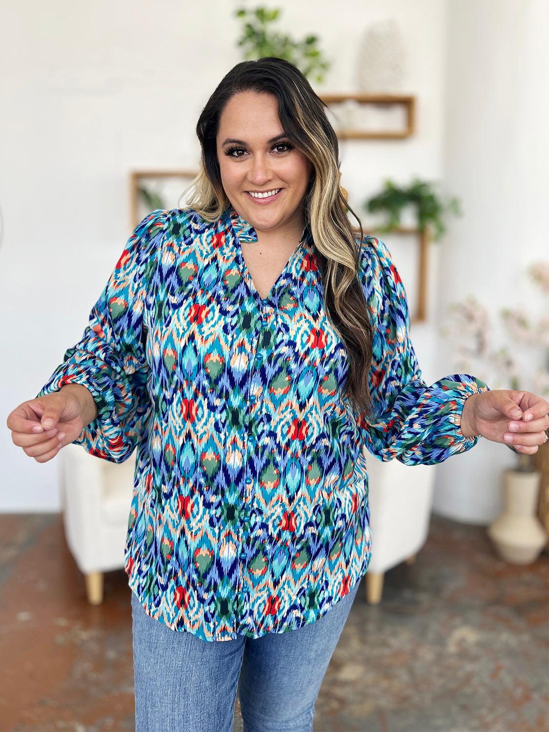 Double Take Full Size Printed Balloon Sleeve Blouse - Clothes For Her Online Store