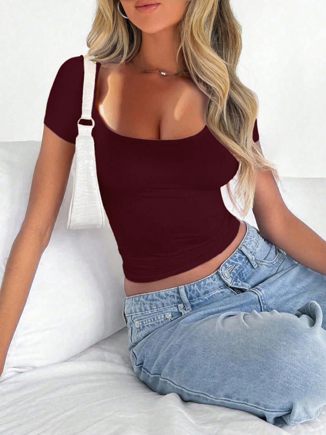 Scoop Neck Short Sleeve T-Shirt - Clothes For Her Online Store