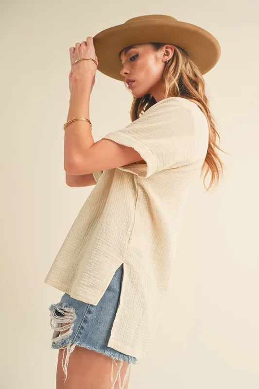 Aemi + Co Side Slit Johnny Collar Short Sleeve Cotton Gauze Blouse