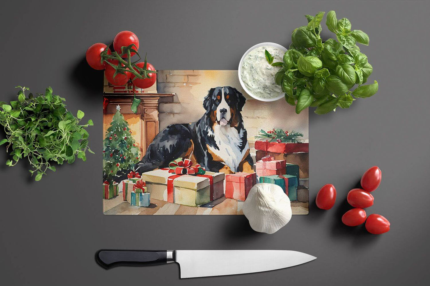 Bernese Mountain Dog Cozy Christmas Glass Cutting Board Decorative Tempered Glass Kitchen Cutting and Serving Board Large Size Chopping Board