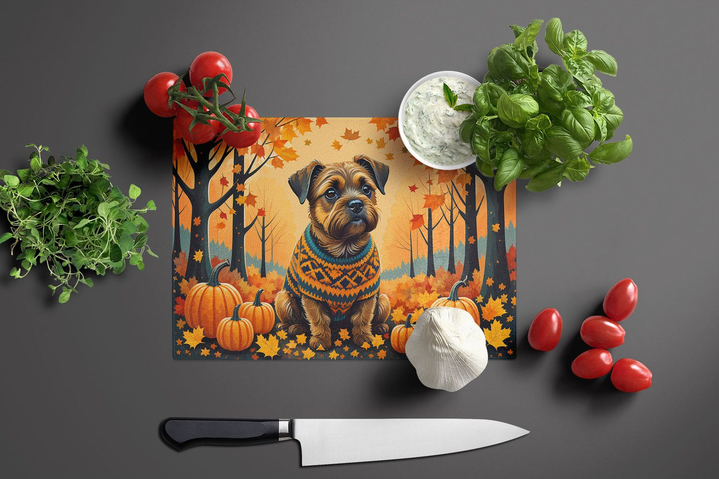 NEW Border Terrier Fall Glass Cutting Board Decorative Tempered Glass Kitchen Cutting and Serving Board Large Size Chopping Board