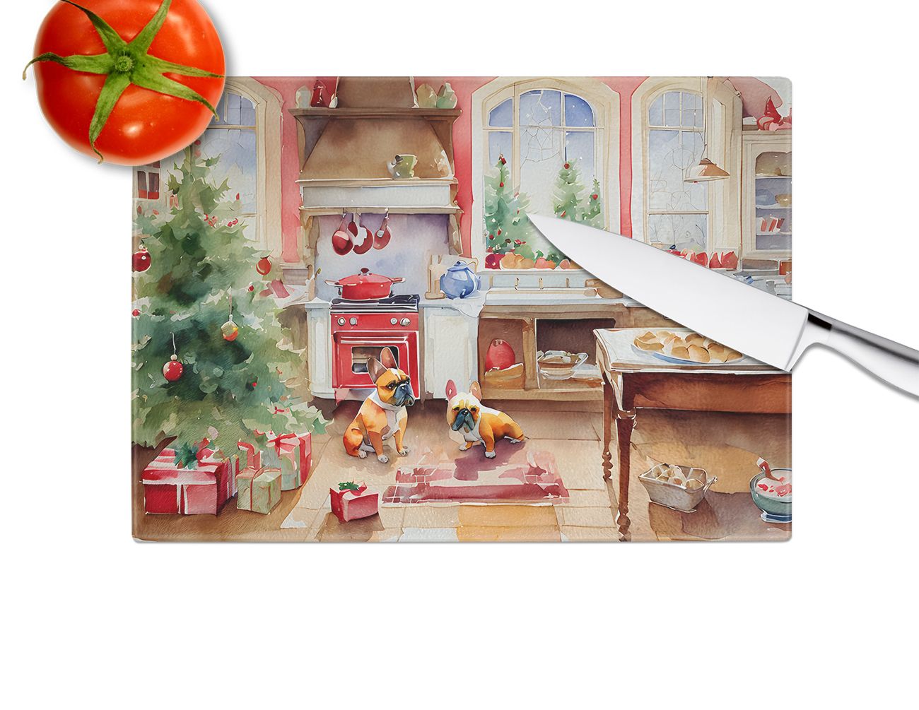 NEW French Bulldog Christmas Cookies Glass Cutting Board Decorative Tempered Glass Kitchen Cutting and Serving Board Large Size Chopping Board