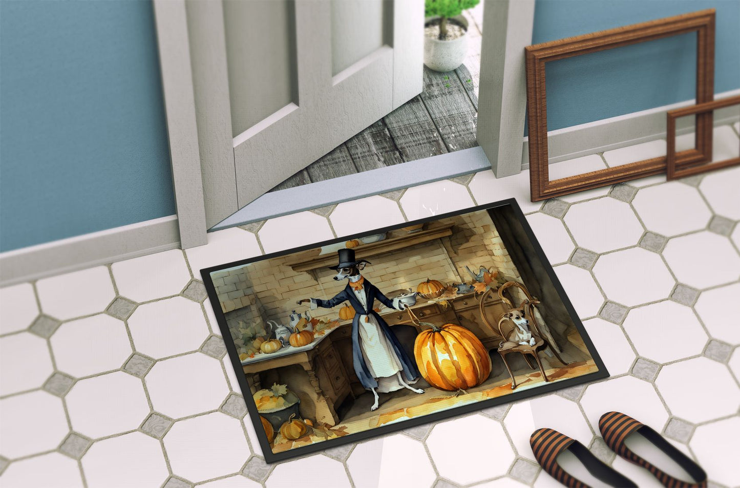 NEW Italian Greyhound Fall Kitchen Pumpkins Doormat Front Door Mat Indoor Outdoor Rugs for Entryway, Non Slip Washable Low Pile, 18H X 27W
