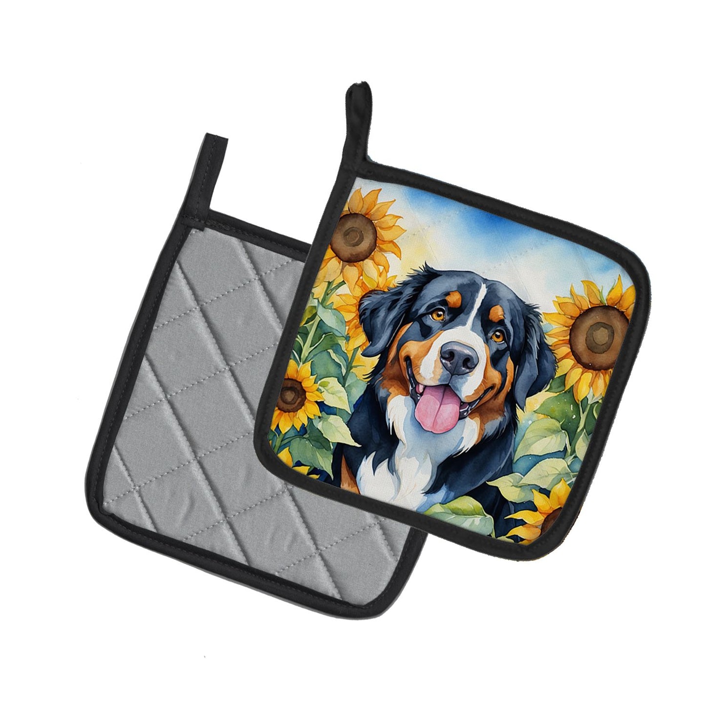Bernese Mountain Dog in Sunflowers Pair of Pot Holders Kitchen Heat Resistant Pot Holders Sets Oven Hot Pads for Cooking Baking BBQ, 7 1/2 x 7 1/2
