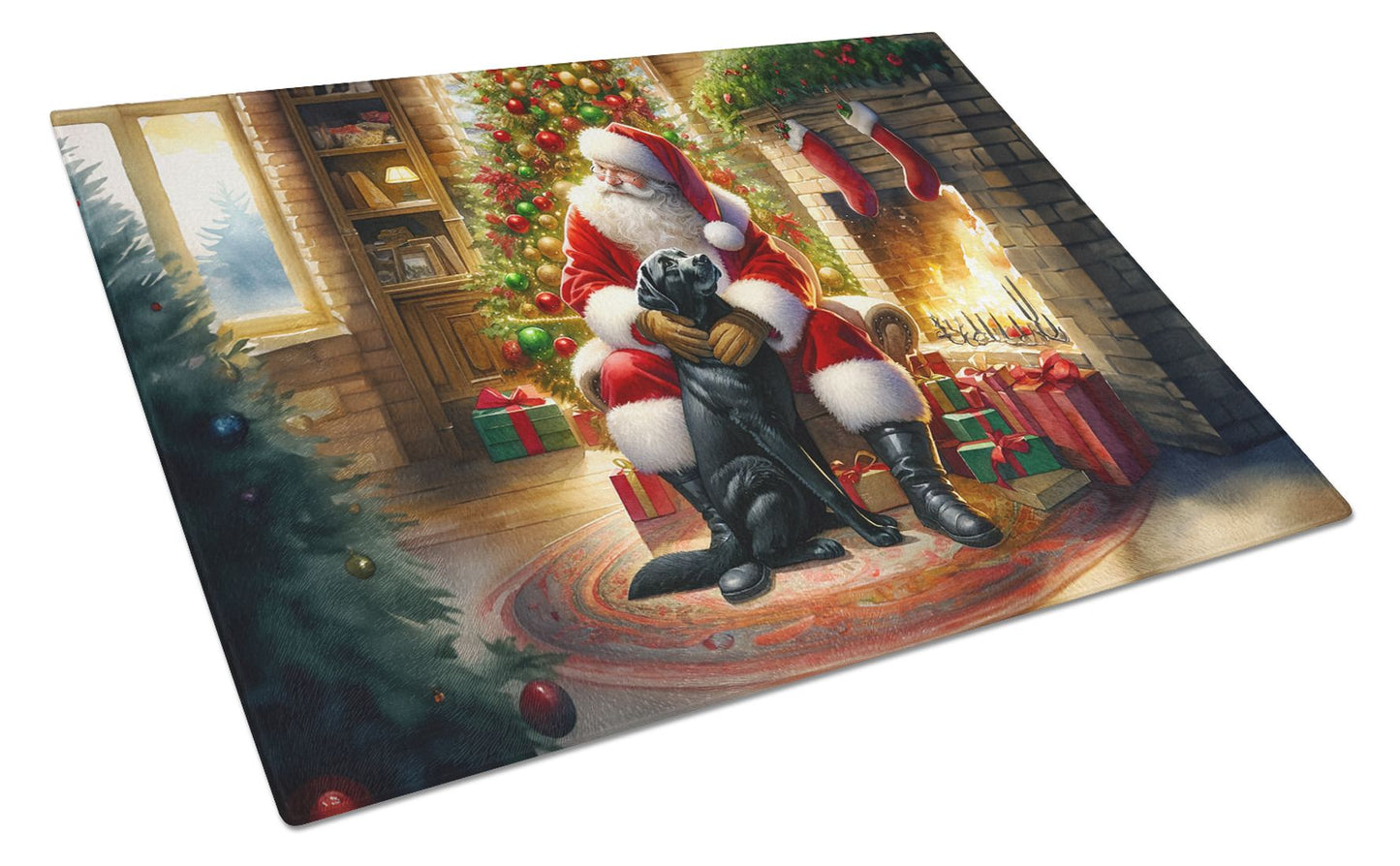 Labrador Retriever and Santa Claus Glass Cutting Board Decorative Tempered Glass Kitchen Cutting and Serving Board Large Size Chopping Board