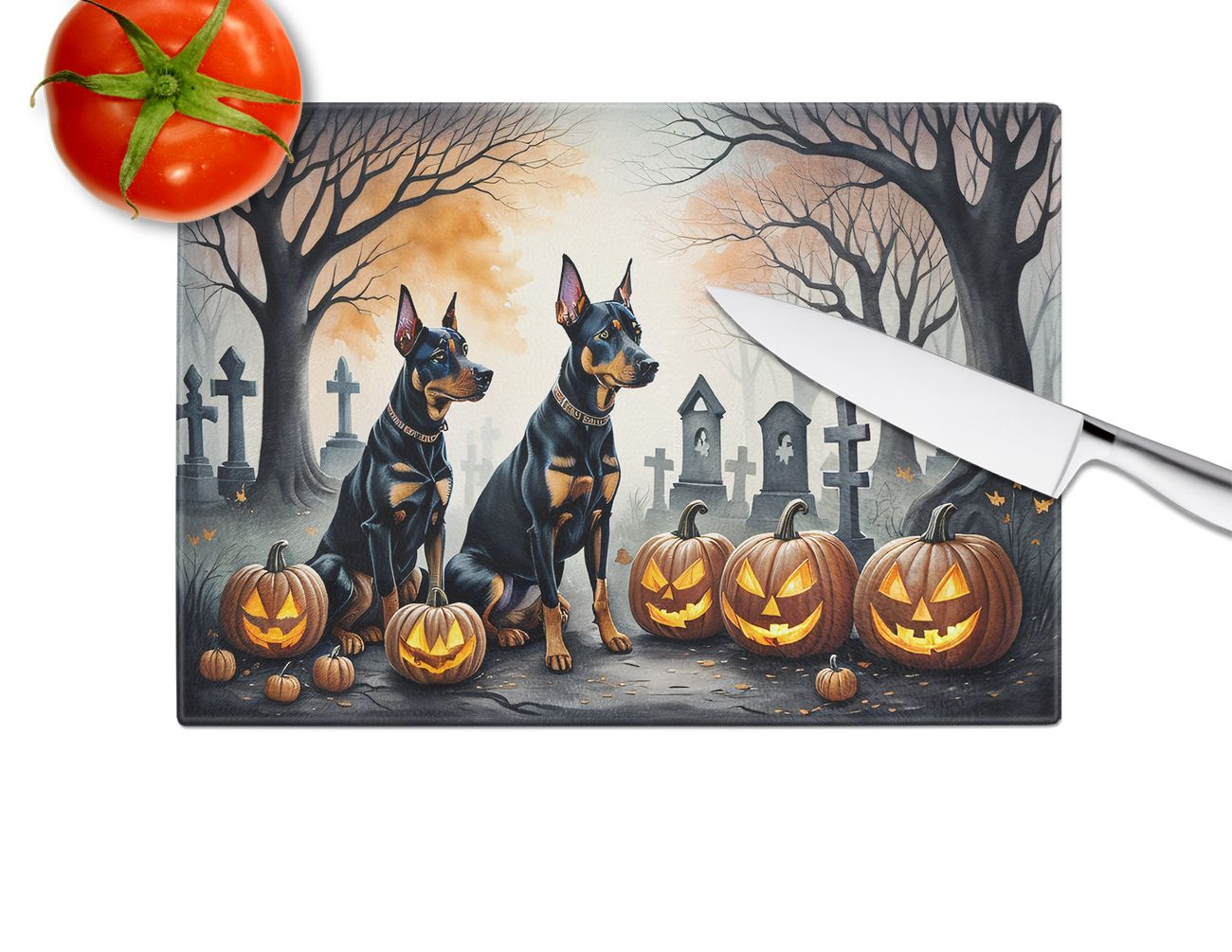 NEW Doberman Pinscher Spooky Halloween Glass Cutting Board Decorative Tempered Glass Kitchen Cutting and Serving Board Large Size Chopping Board