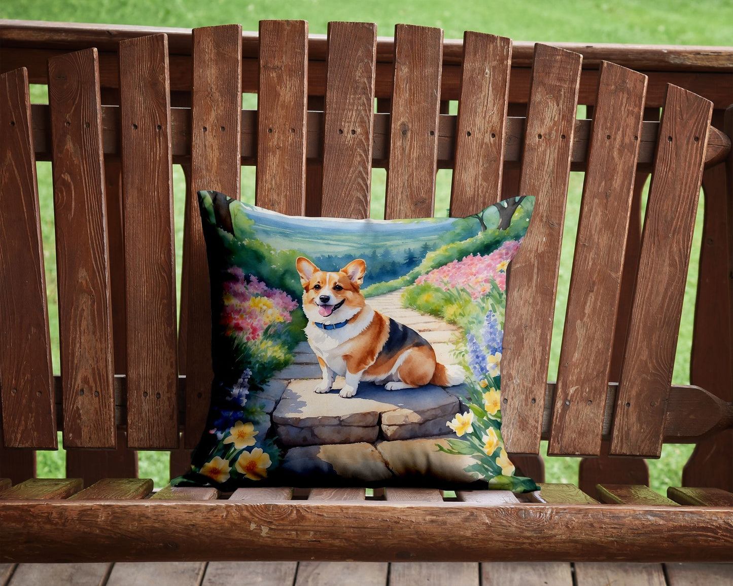 Corgi Spring Path Throw Pillow Machine Washable, Indoor Outdoor Decorative Pillow for Couch, Bed or Patio, 14Hx14W