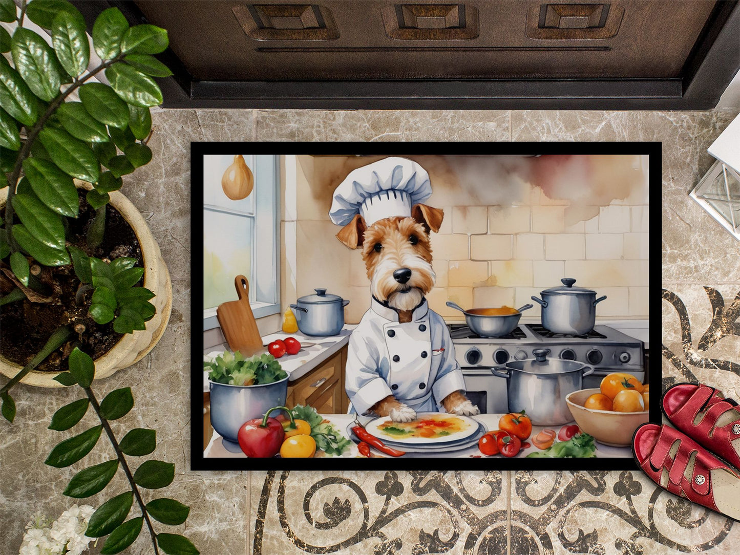 Fox Terrier The Chef Doormat Front Door Mat Indoor Outdoor Rugs for Entryway, Non Slip Washable Low Pile, 24H X 36W