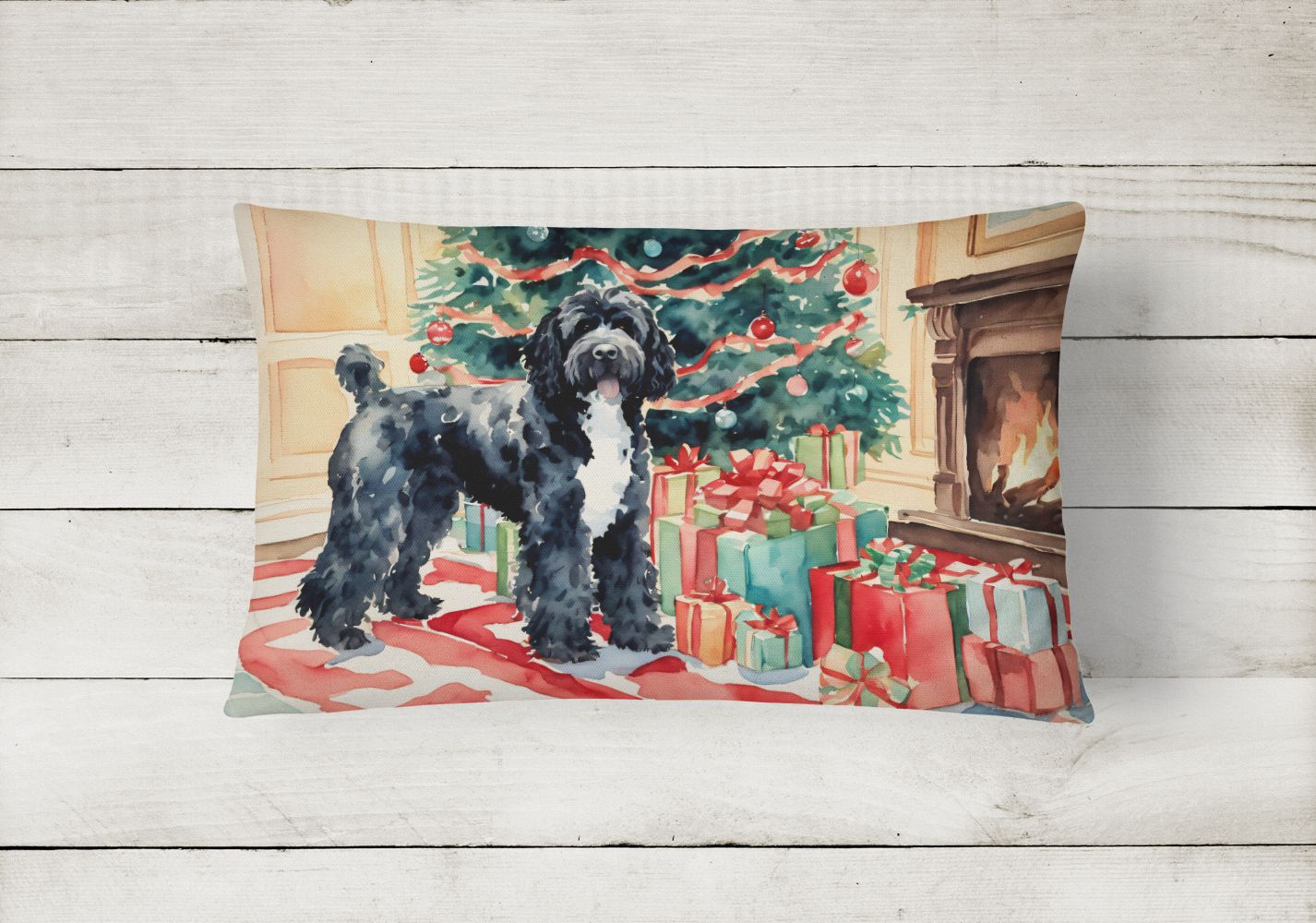 Cozy Christmas Throw Pillow Throw Pillow for Indoor Couch Bed Outdoor Patio Washable, Portuguese Water Dog 2730,12Hx16W