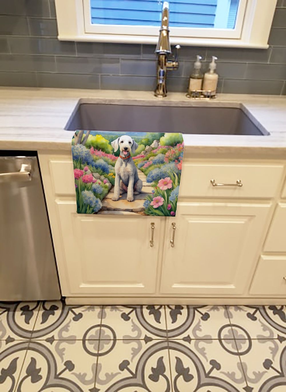 Bedlington Terrier Spring Garden Kitchen Towel Dish Cloths Guest Hand Towel Decorative Bathroom Towel for Face,Tea, Dishcloth, Kitchen and Bath