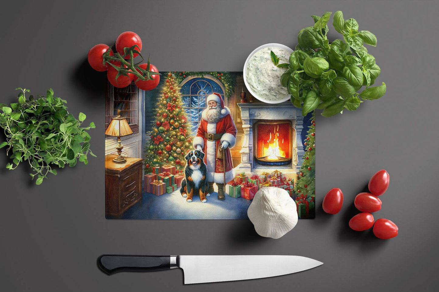 NEW Bernese Mountain Dog and Santa Claus Glass Cutting Board Decorative Tempered Glass Kitchen Cutting and Serving Board Large Size Chopping Board