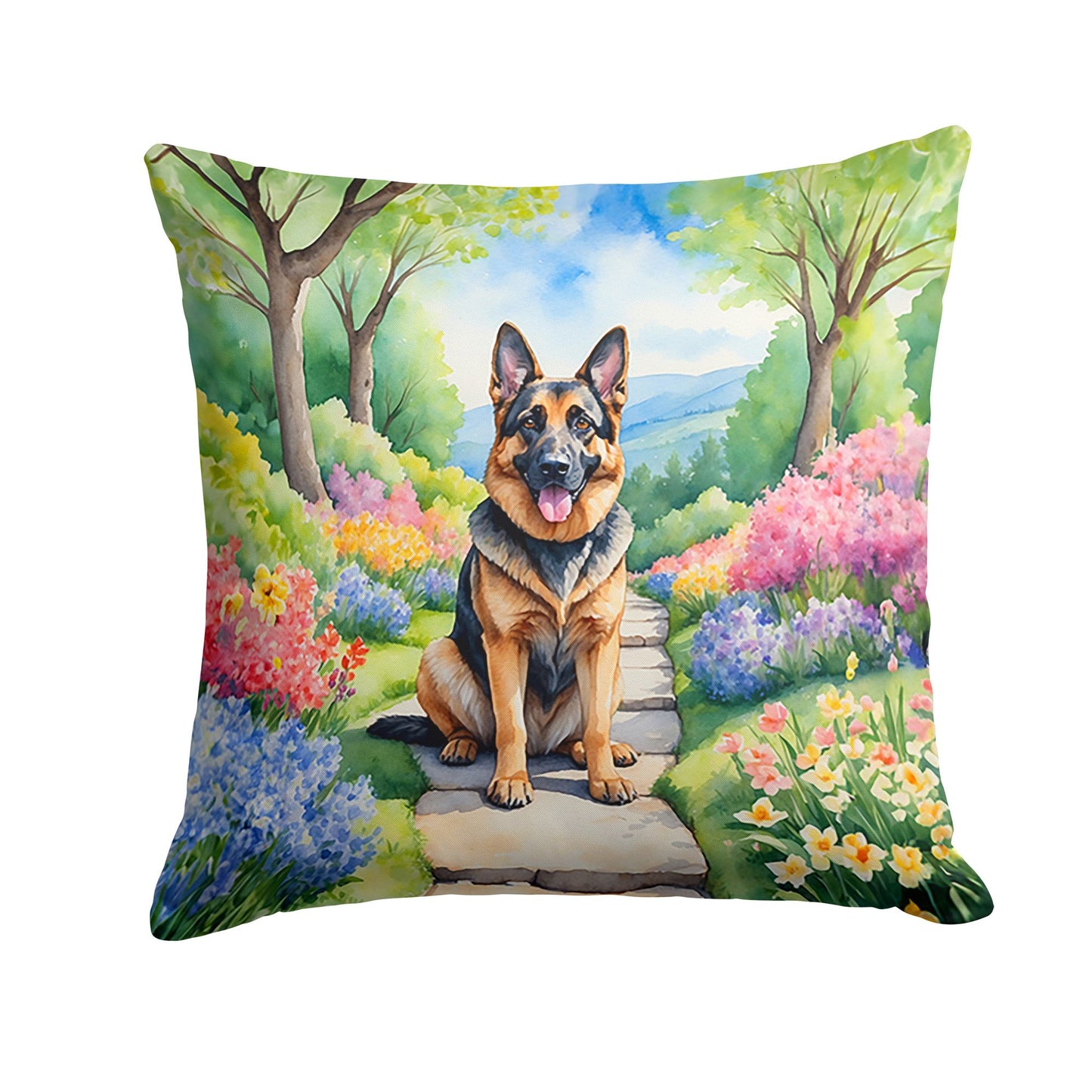 German Shepherd Spring Path Throw Pillow Machine Washable, Indoor Outdoor Decorative Pillow for Couch, Bed or Patio, 18Hx18W