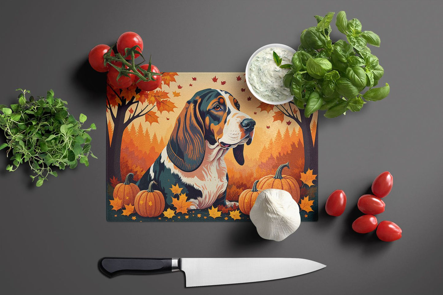 NEW Basset Hound Fall Glass Cutting Board Decorative Tempered Glass Kitchen Cutting and Serving Board Large Size Chopping Board