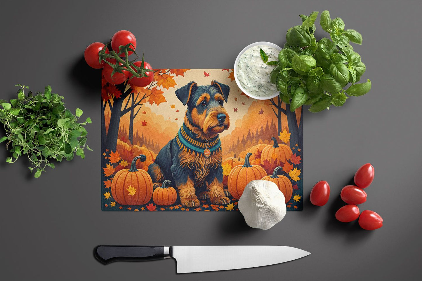 NEW Airedale Terrier Fall Glass Cutting Board Decorative Tempered Glass Kitchen Cutting and Serving Board Large Size Chopping Board