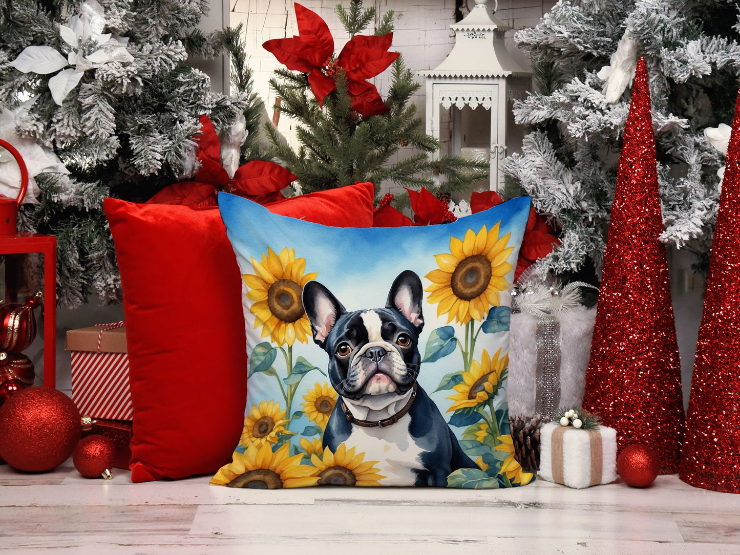 French Bulldog in Sunflowers Throw Pillow Machine Washable, Indoor Outdoor Decorative Pillow for Couch, Bed or Patio, 14Hx14W