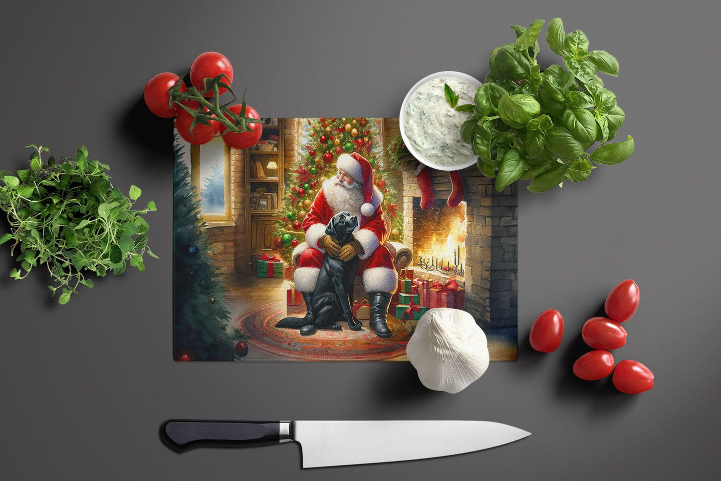 Labrador Retriever and Santa Claus Glass Cutting Board Decorative Tempered Glass Kitchen Cutting and Serving Board Large Size Chopping Board
