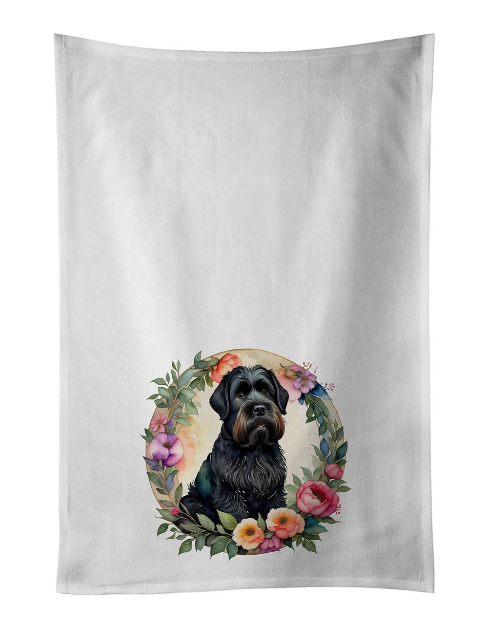 Black Russian Terrier and Flowers Kitchen Towel Set of 2 White Dish Towels Decorative Bathroom Hand towel for Hand, Face, Hair, Yoga, Tea, Dishcloth, 19 X 28", White