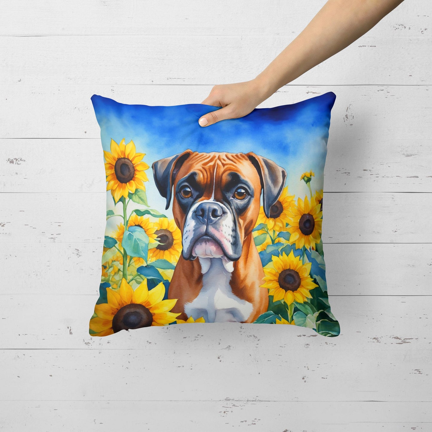 Boxer in Sunflowers Throw Pillow Machine Washable, Indoor Outdoor Decorative Pillow for Couch, Bed or Patio, 18Hx18W
