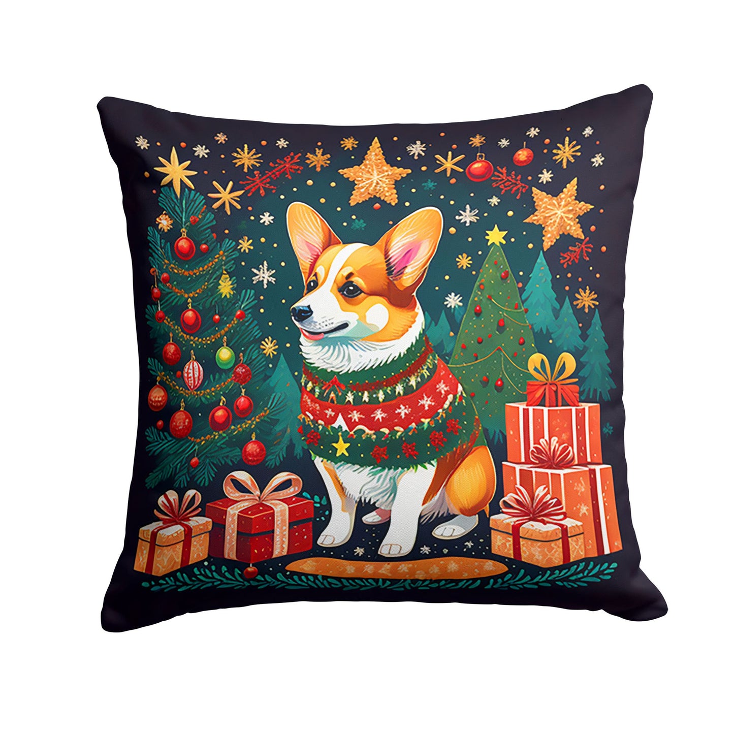 Corgi Christmas Throw Pillow Machine Washable, Indoor Outdoor Decorative Pillow for Couch, Bed or Patio, 14Hx14W