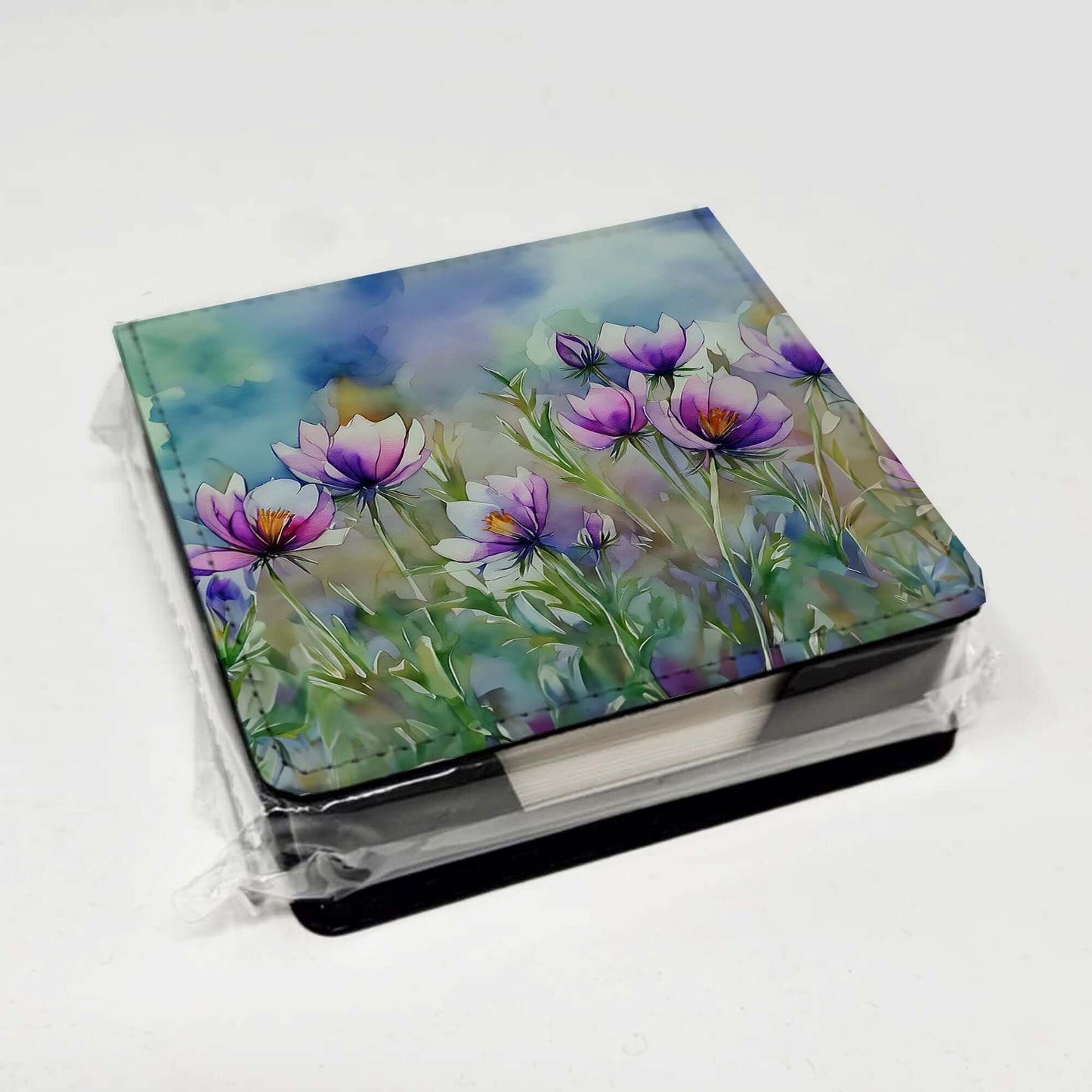 South Dakota Pasque Flowers in Watercolor PU Leather Note Paper Holder with Artist-Designed Cover, Desk Accessory, Office Gift