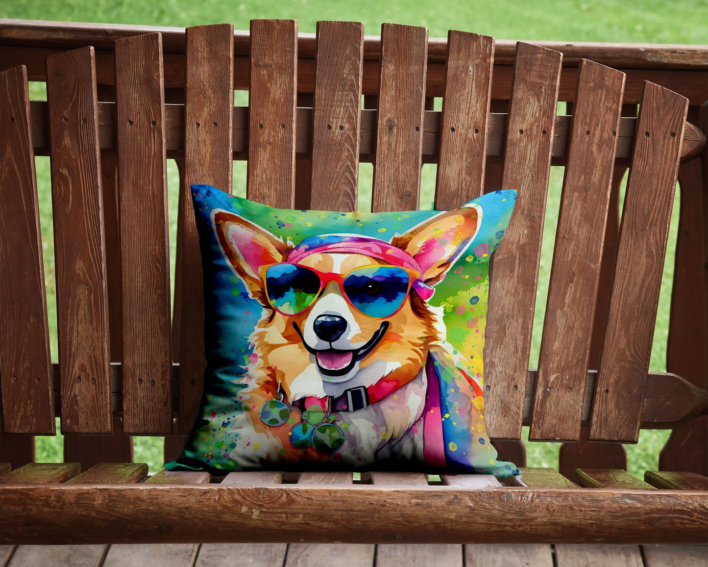 Corgi Hippie Dawg Throw Pillow Machine Washable, Indoor Outdoor Decorative Pillow for Couch, Bed or Patio, 14Hx14W