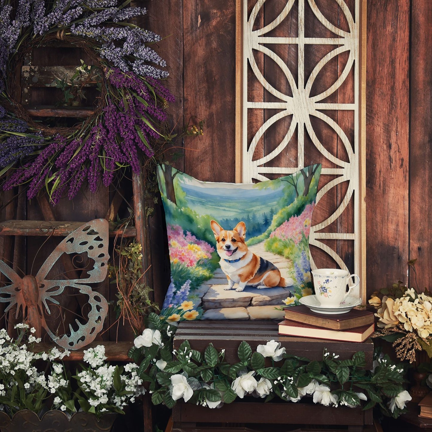 Corgi Spring Path Throw Pillow Machine Washable, Indoor Outdoor Decorative Pillow for Couch, Bed or Patio, 14Hx14W