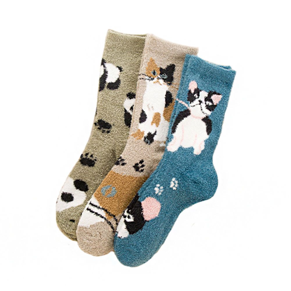 3 Pairs Cute Animal Pattern Cozy Warm Plush Slipper Socks for Womens Indoor Outdoor - Clothes For Her Online Store