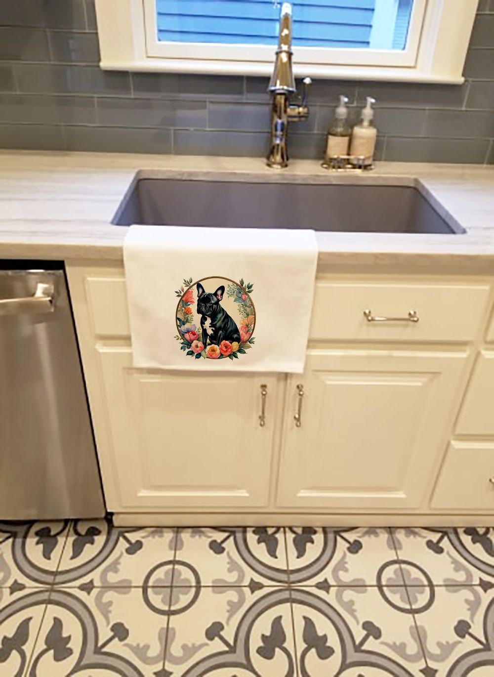 Black French Bulldog and Flowers Kitchen Towel Set of 2 White Dish Towels Decorative Bathroom Hand towel for Hand, Face, Hair, Yoga, Tea, Dishcloth, 19 X 28", White