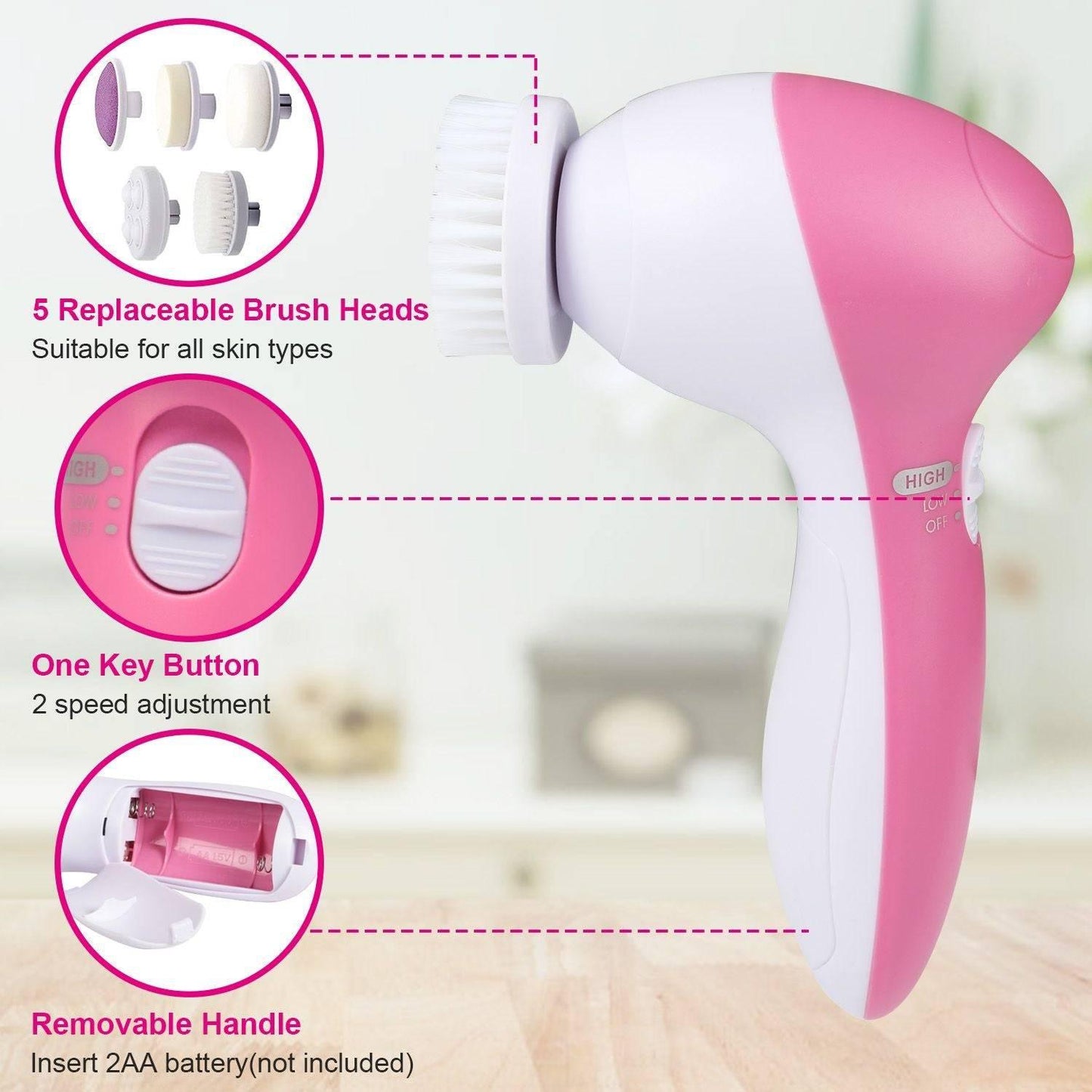 Facial Cleansing Brush Waterproof Face Spin Cleaning Brush with 5 Brush Heads - Clothes For Her Online Store