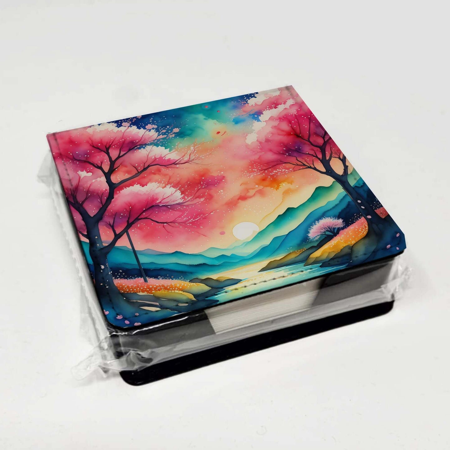 Colorful Cherry Blossoms PU Leather Note Paper Holder with Artist-Designed Cover, Desk Accessory, Office Gift