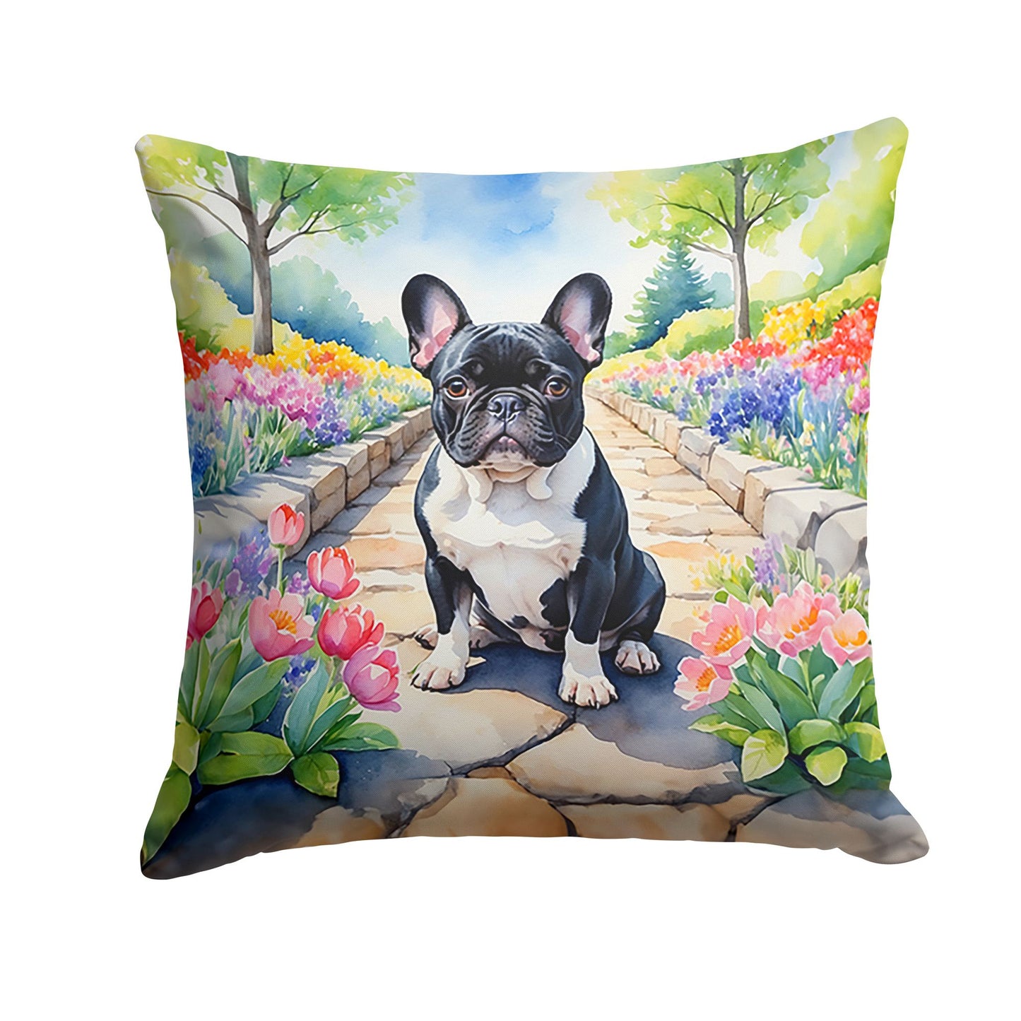 French Bulldog Spring Path Throw Pillow Machine Washable, Indoor Outdoor Decorative Pillow for Couch, Bed or Patio, 18Hx18W