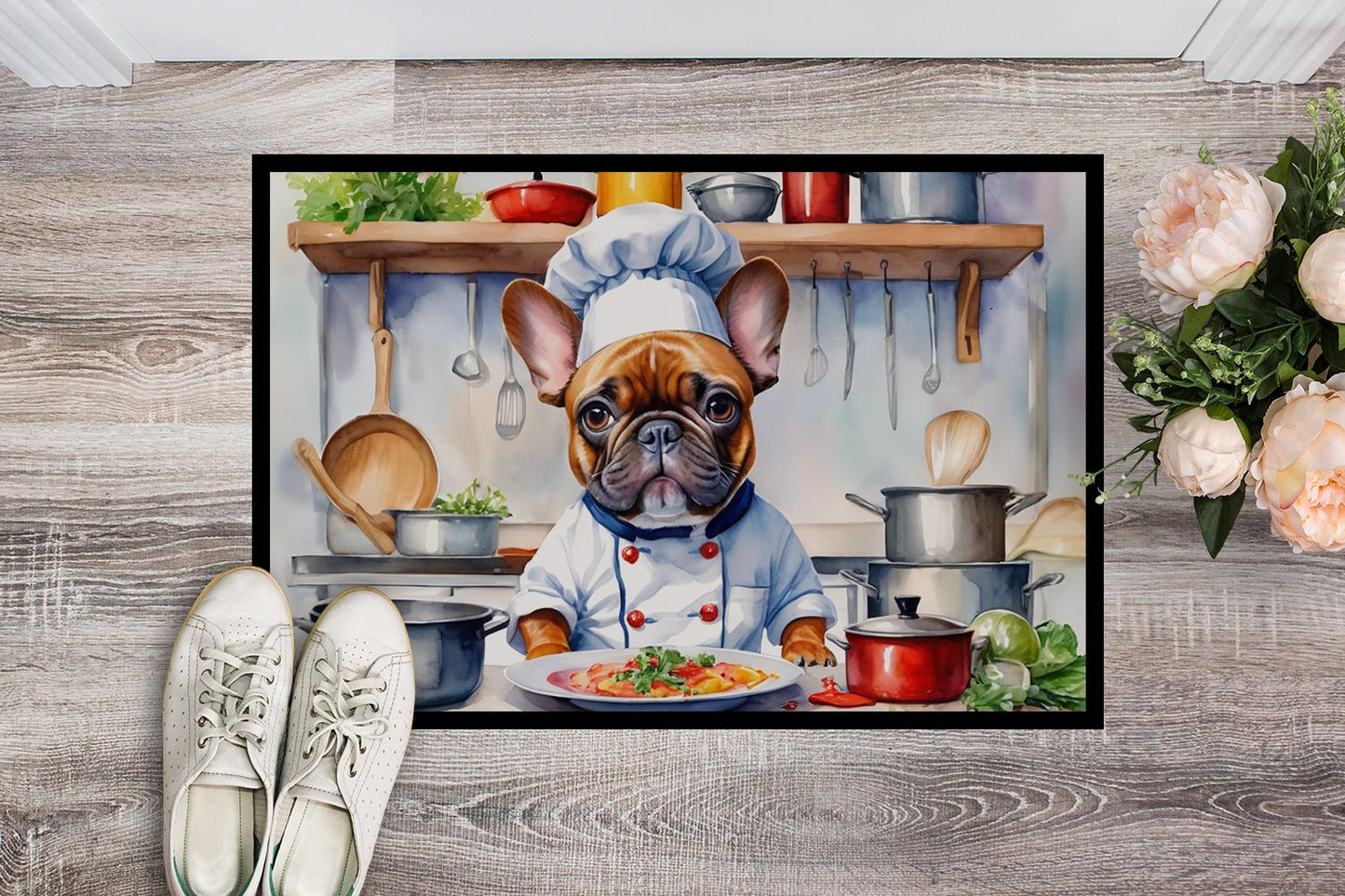 French Bulldog The Chef Doormat Front Door Mat Indoor Outdoor Rugs for Entryway, Non Slip Washable Low Pile, 24H X 36W