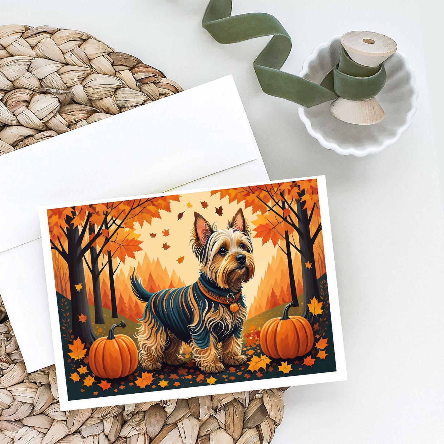 Silky Terrier Fall Greeting Cards Pack of 8 Blank Cards with Envelopes Whimsical A7 Size 5x7 Blank Note Cards