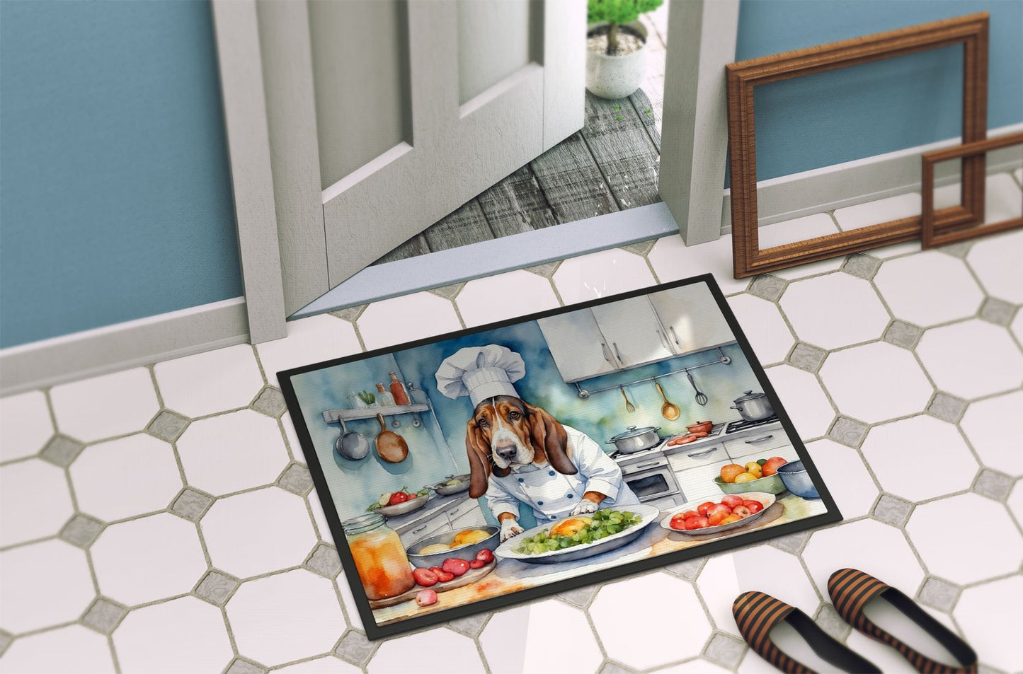 Basset Hound The Chef Doormat Front Door Mat Indoor Outdoor Rugs for Entryway, Non Slip Washable Low Pile, 24H X 36W