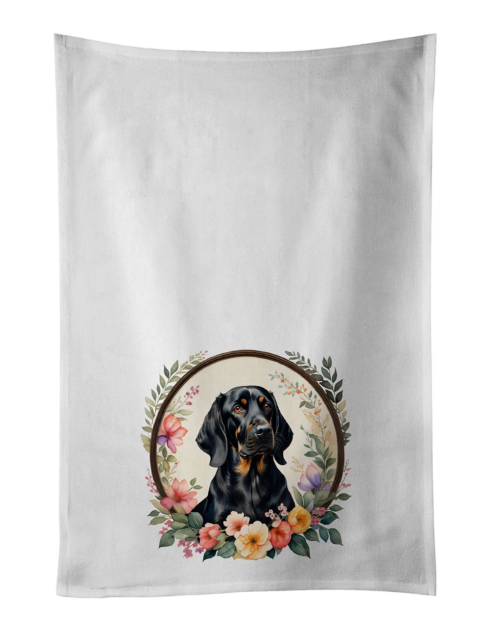 Black and Tan Coonhound and Flowers Kitchen Towel Set of 2 White Dish Towels Decorative Bathroom Hand towel for Hand, Face, Hair, Yoga, Tea, Dishcloth, 19 X 28", White