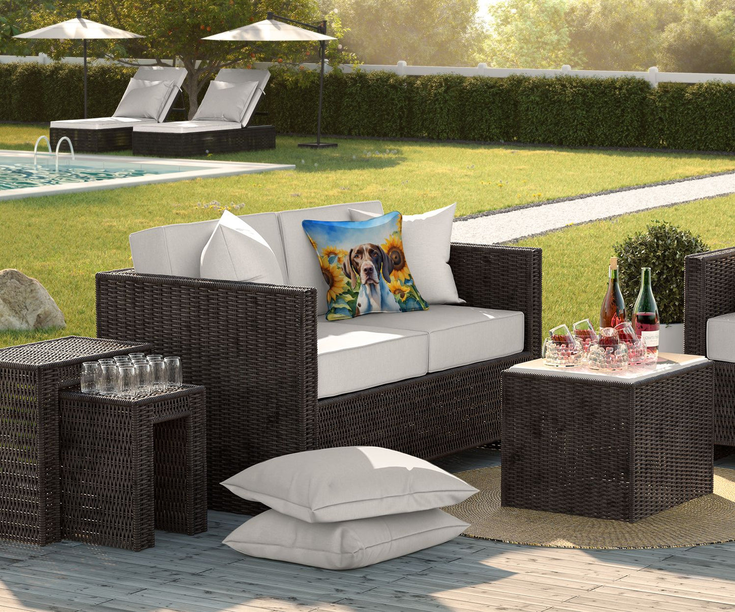 Pointer in Sunflowers Throw Pillow Machine Washable, Indoor Outdoor Decorative Pillow for Couch, Bed or Patio, 18Hx18W