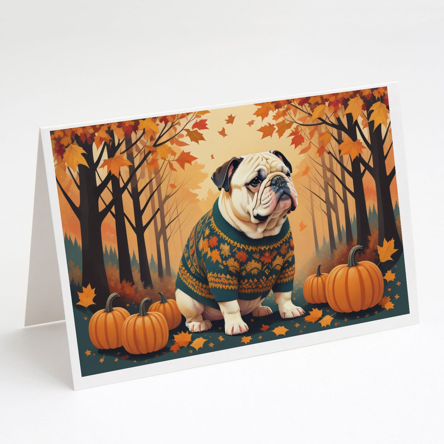 White English Bulldog Fall Greeting Cards Pack of 8 Blank Cards with Envelopes Whimsical A7 Size 5x7 Blank Note Cards