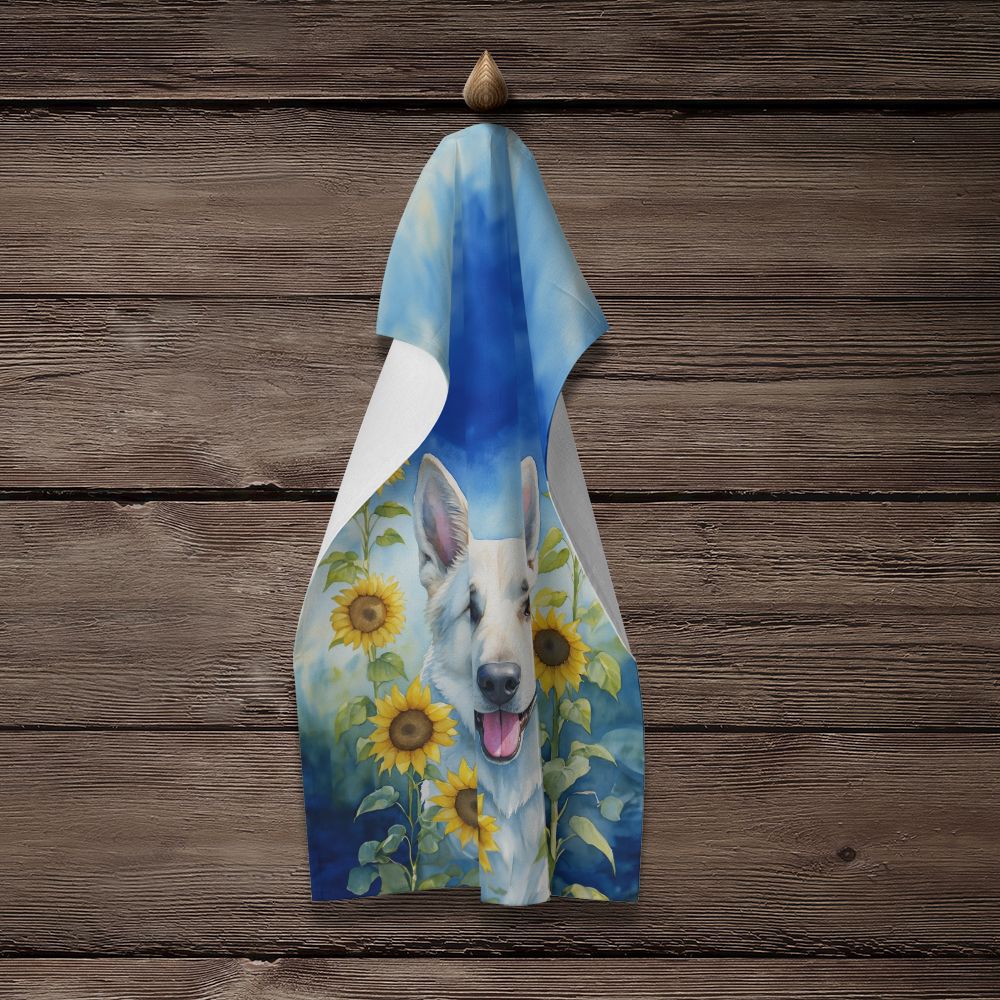 White German Shepherd in Sunflowers Kitchen Towel Dish Cloths Guest Hand Towel Decorative Bathroom Towel for Face,Tea, Dishcloth, Kitchen and Bath