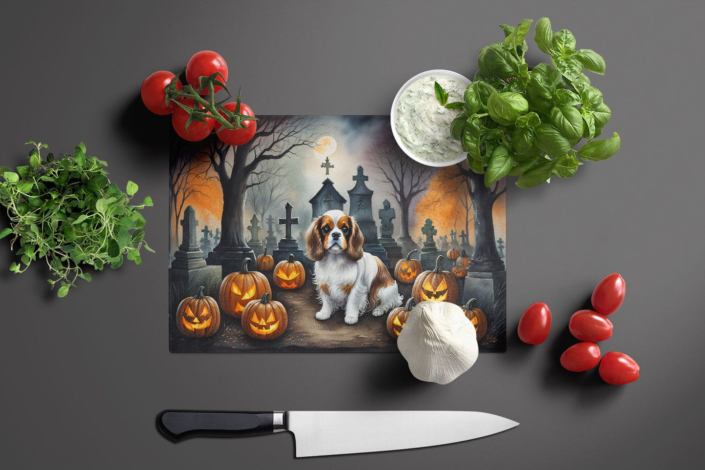 NEW Cavalier Spaniel Spooky Halloween Glass Cutting Board Decorative Tempered Glass Kitchen Cutting and Serving Board Large Size Chopping Board