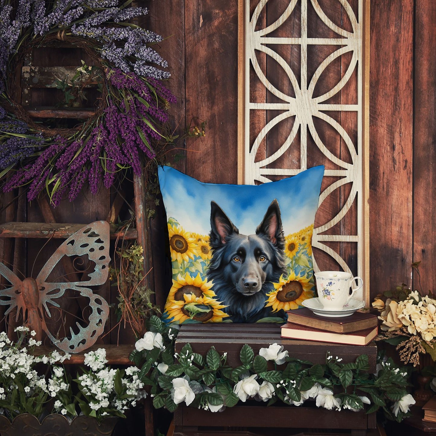 Belgian Sheepdog in Sunflowers Throw Pillow Machine Washable, Indoor Outdoor Decorative Pillow for Couch, Bed or Patio, 14Hx14W