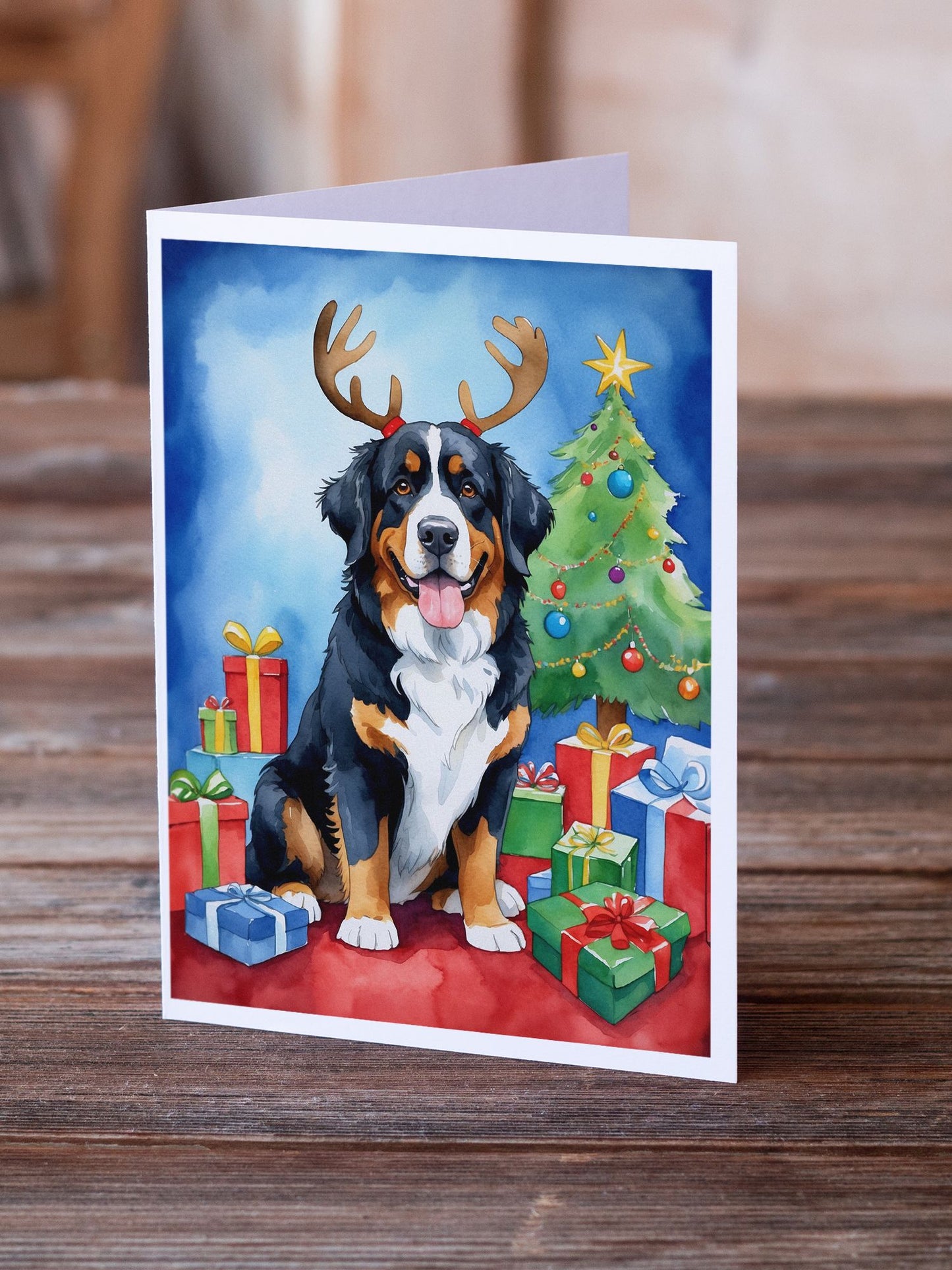 Bernese Mountain Dog Christmas Reindeer Greeting Cards Pack of 8 Blank Cards with Envelopes Whimsical A7 Size 5x7 Blank Note Cards