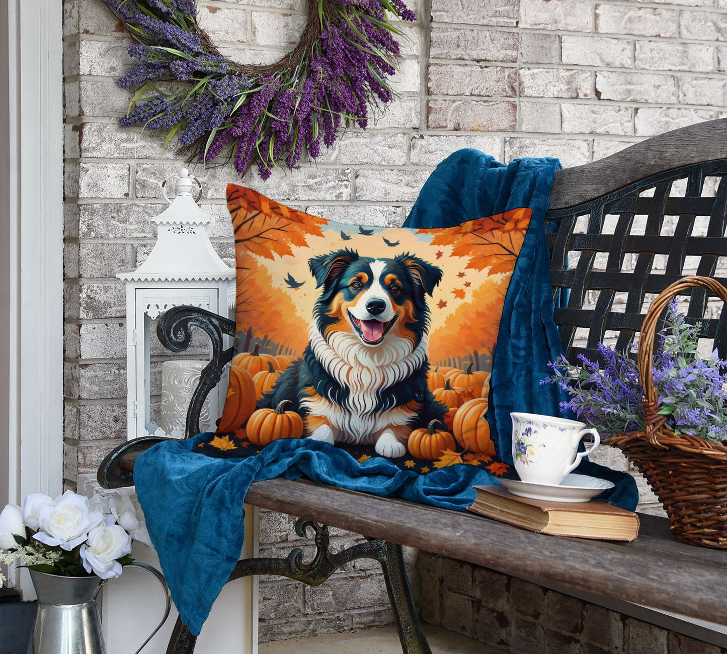 Australian Shepherd Terrier Fall Throw Pillow Machine Washable, Indoor Outdoor Decorative Pillow for Couch, Bed or Patio, 18Hx18W