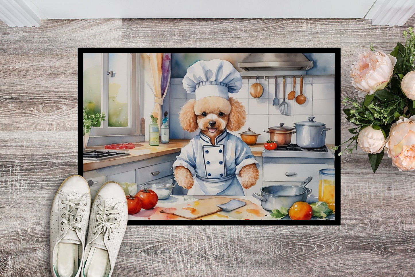 Poodle The Chef Doormat Front Door Mat Indoor Outdoor Rugs for Entryway, Non Slip Washable Low Pile, 24H X 36W