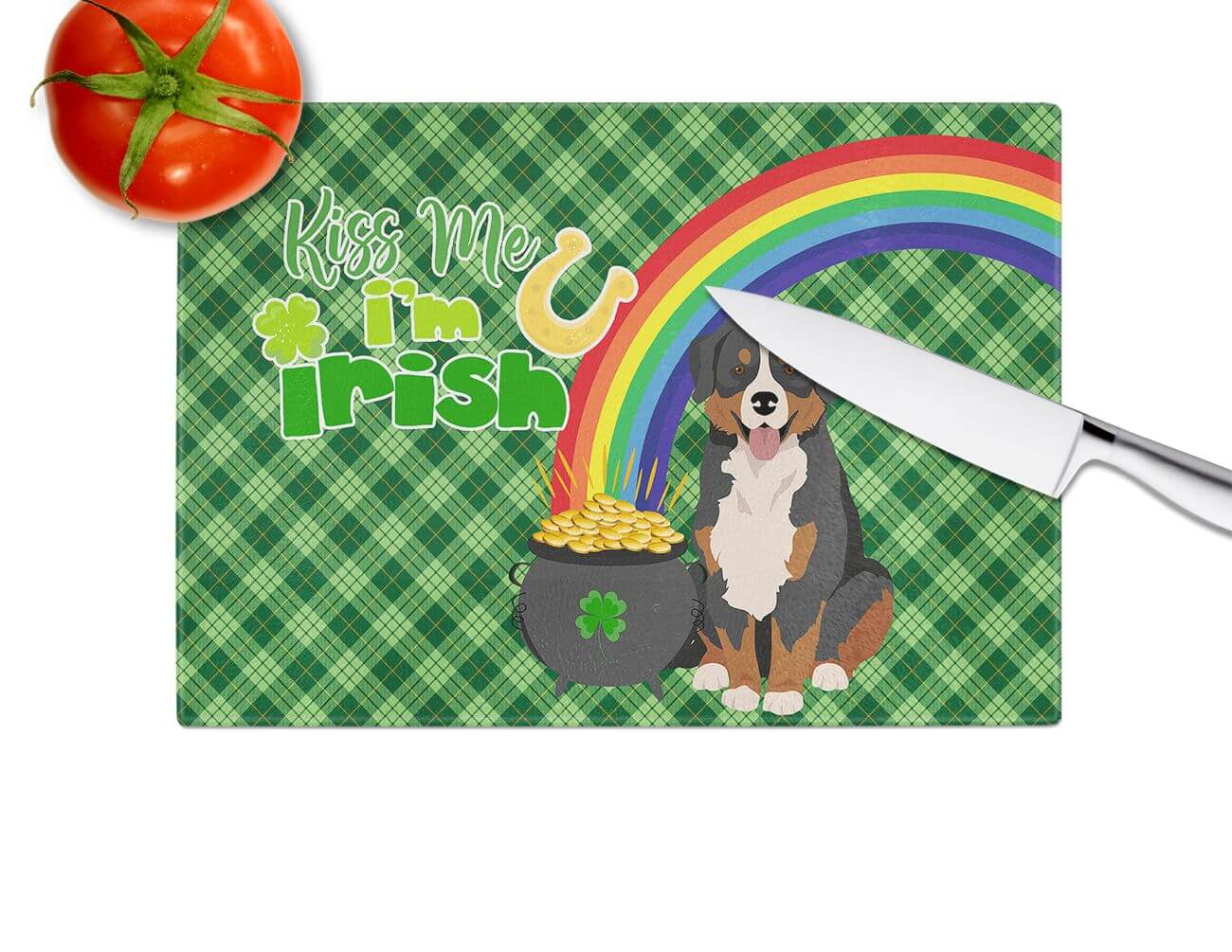 Bernese Mountain Dog St. Patrick's Day Glass Cutting Board Decorative Tempered Glass Kitchen Cutting and Serving Board Large Size Chopping Board