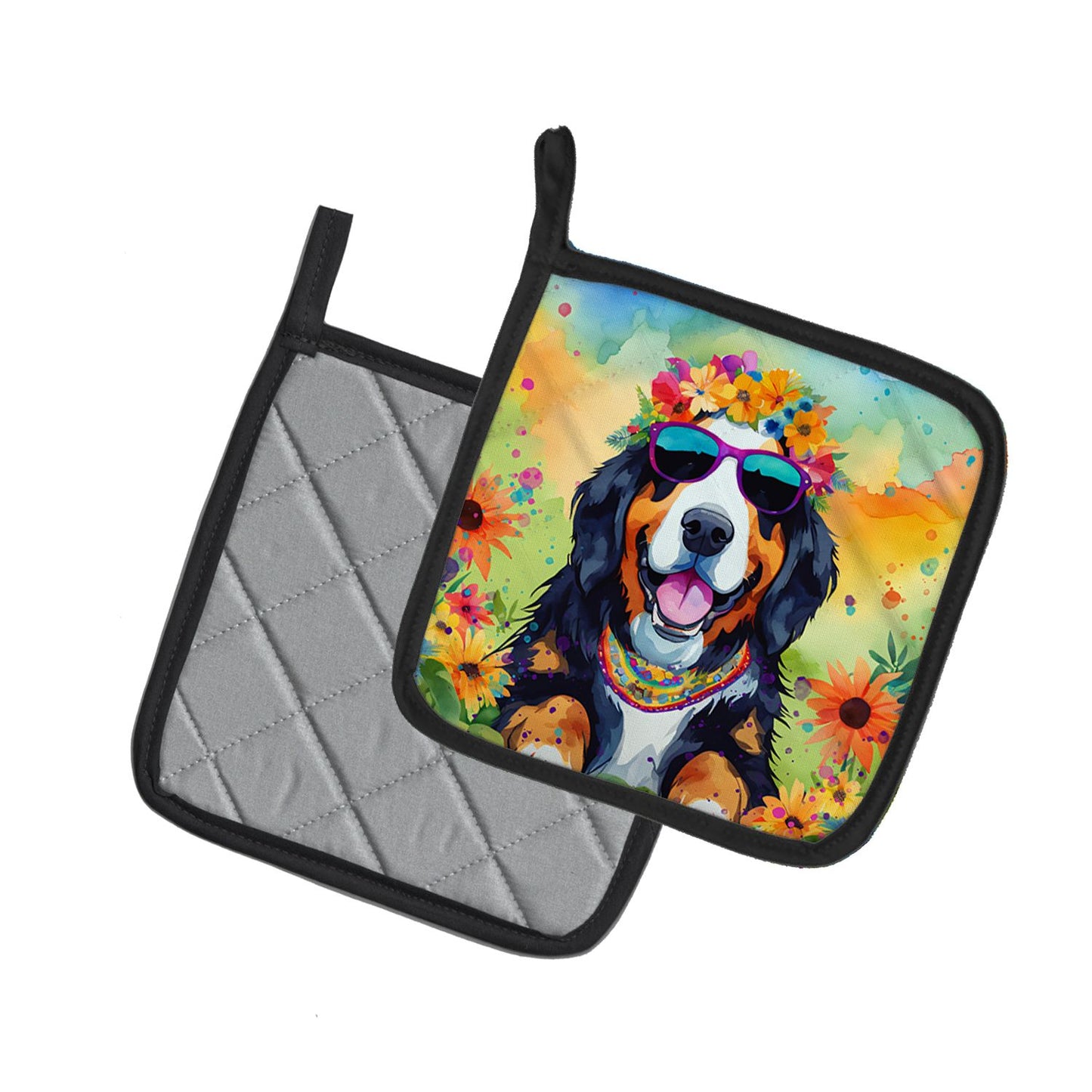 Bernese Mountain Dog Hippie Dawg Pair of Pot Holders Kitchen Heat Resistant Pot Holders Sets Oven Hot Pads for Cooking Baking BBQ, 7 1/2 x 7 1/2