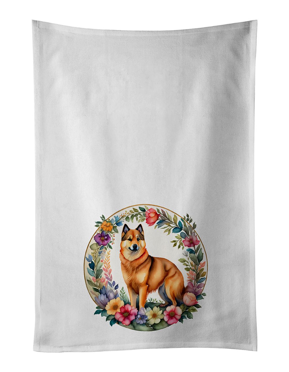 Finnish Spitz and Flowers Kitchen Towel Set of 2 White Dish Towels Decorative Bathroom Hand towel for Hand, Face, Hair, Yoga, Tea, Dishcloth, 19 X 28", White