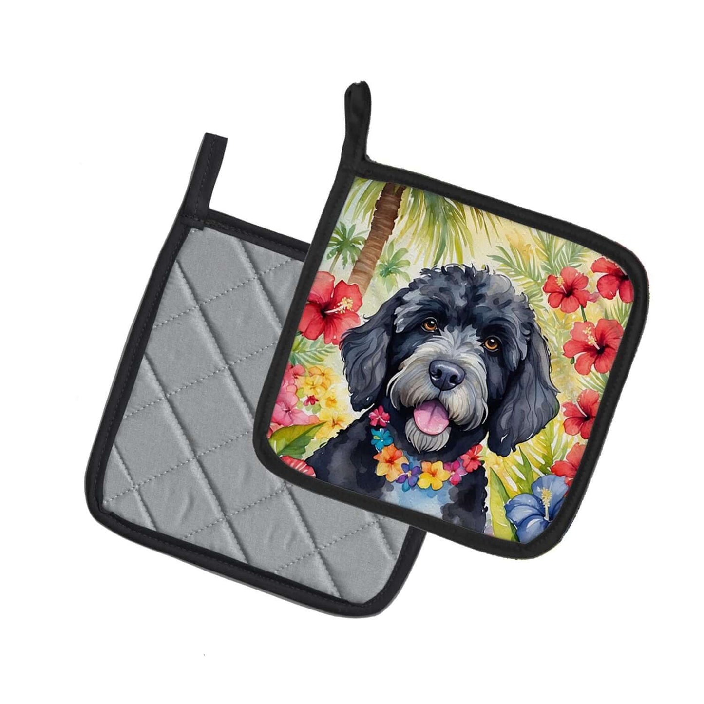 Portuguese Water Dog Luau Pair of Pot Holders Kitchen Heat Resistant Pot Holders Sets Oven Hot Pads for Cooking Baking BBQ, 7 1/2 x 7 1/2