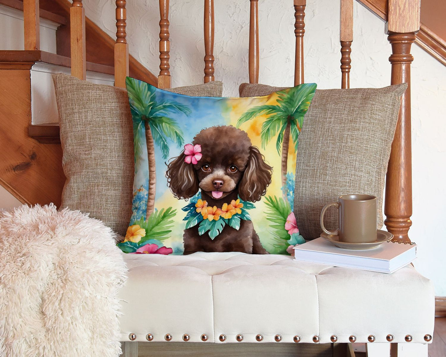 Chocolate Poodle Luau Throw Pillow Machine Washable, Indoor Outdoor Decorative Pillow for Couch, Bed or Patio, 14Hx14W