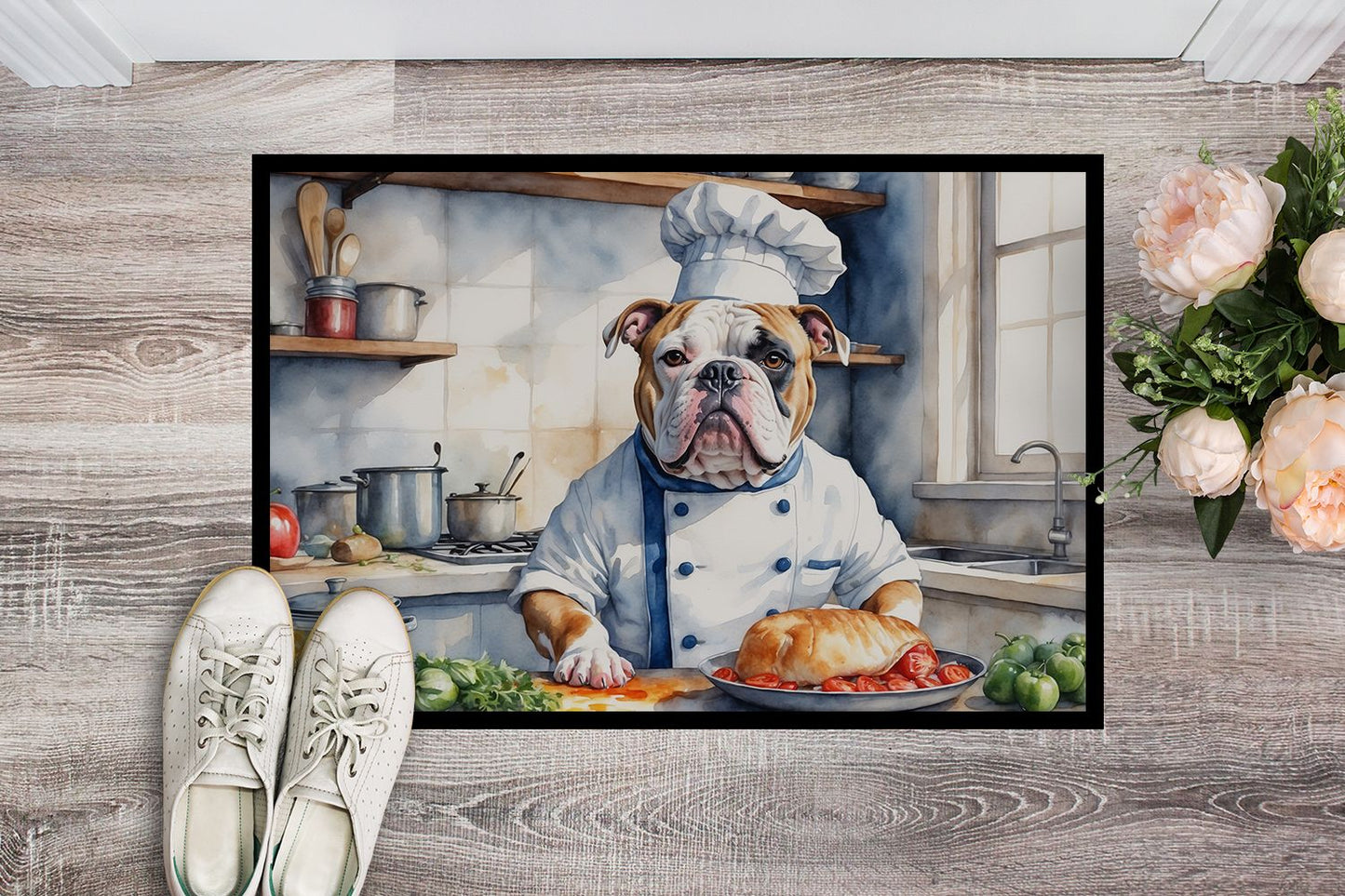 American Bulldog The Chef Doormat Front Door Mat Indoor Outdoor Rugs for Entryway, Non Slip Washable Low Pile, 24H X 36W